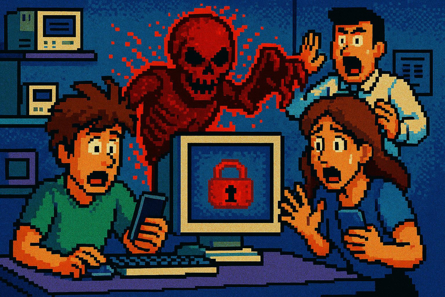 Cybersecurity, vulnerabilities, three frightened people.