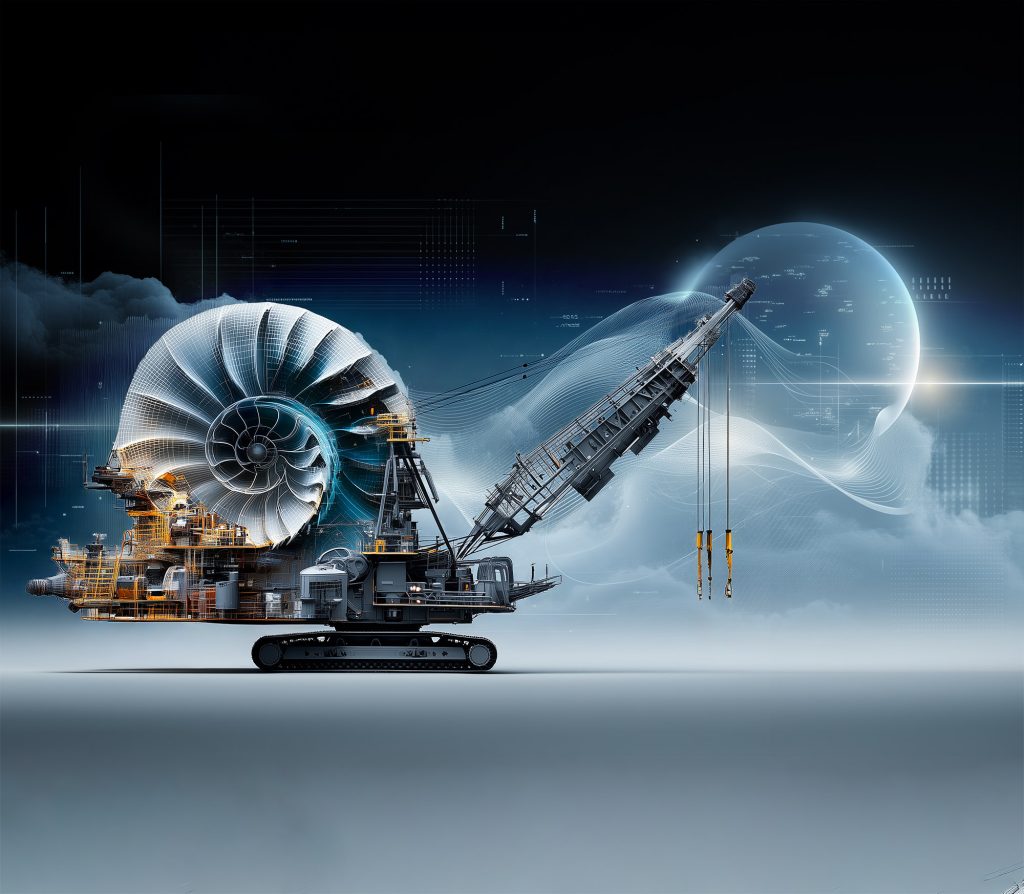 uuri futuristinen kone, jossa on pyöreä turbiini ja nosturivarsi, taustalla digitaalisia kuvioita ja ihmisaivoja muistuttava muoto